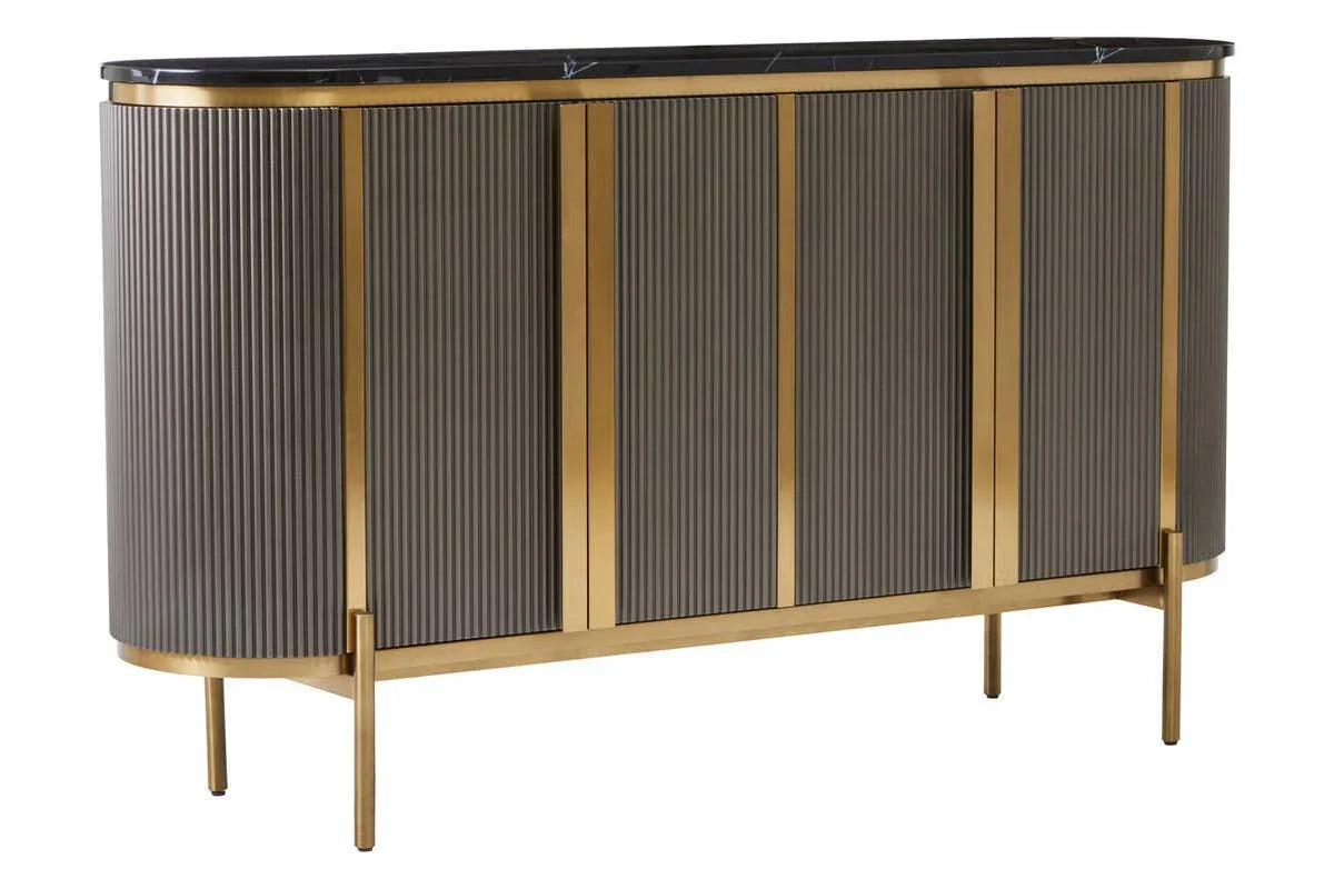 Contemporary sideboard with gold metal frame, ribbed grey doors and black marble top