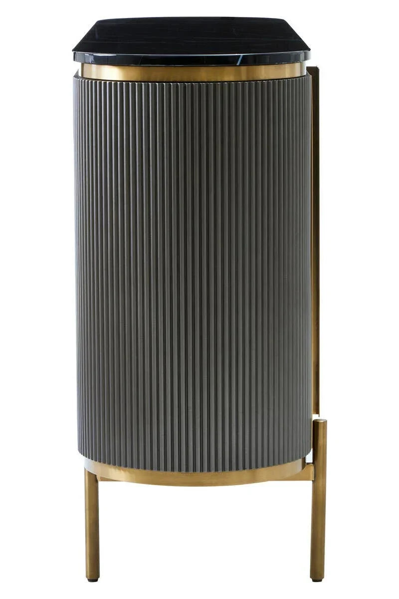 Contemporary side table with ribbed grey body, gold metal legs and black marble top