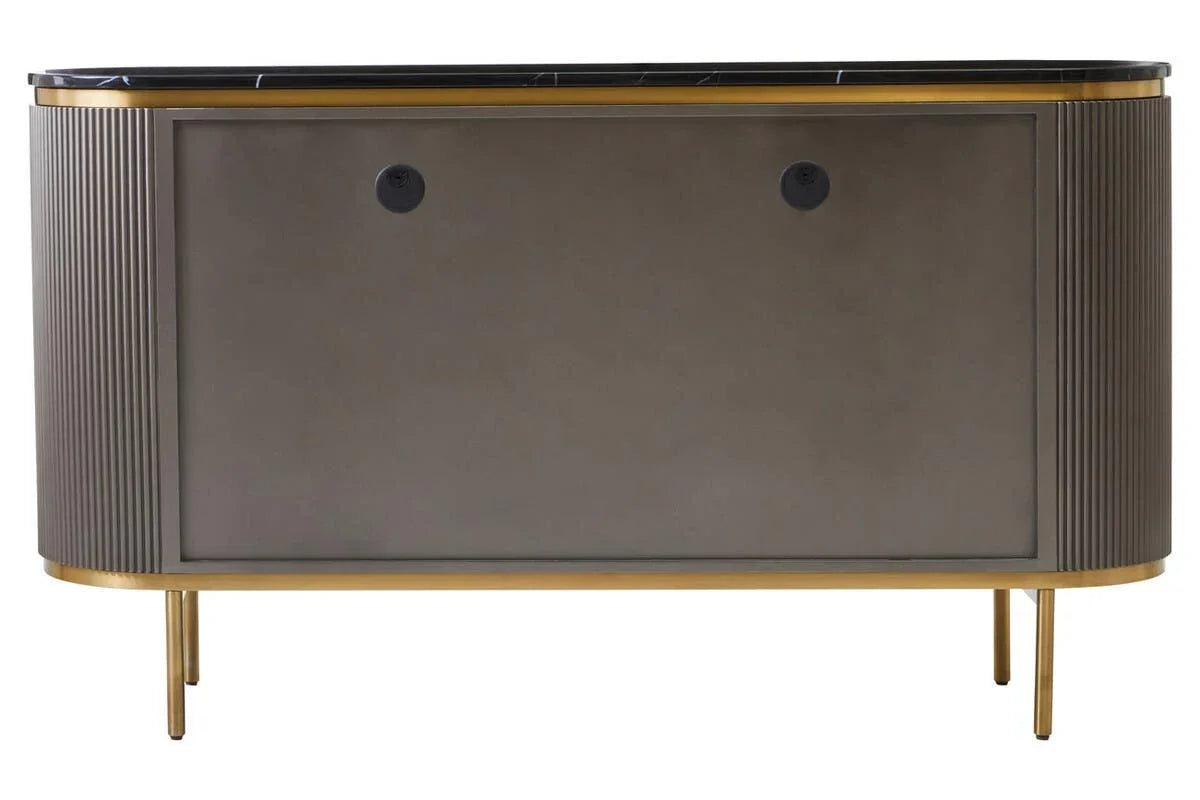 Modern sideboard with gold legs, ribbed detailing, and black marble effect top, rear view