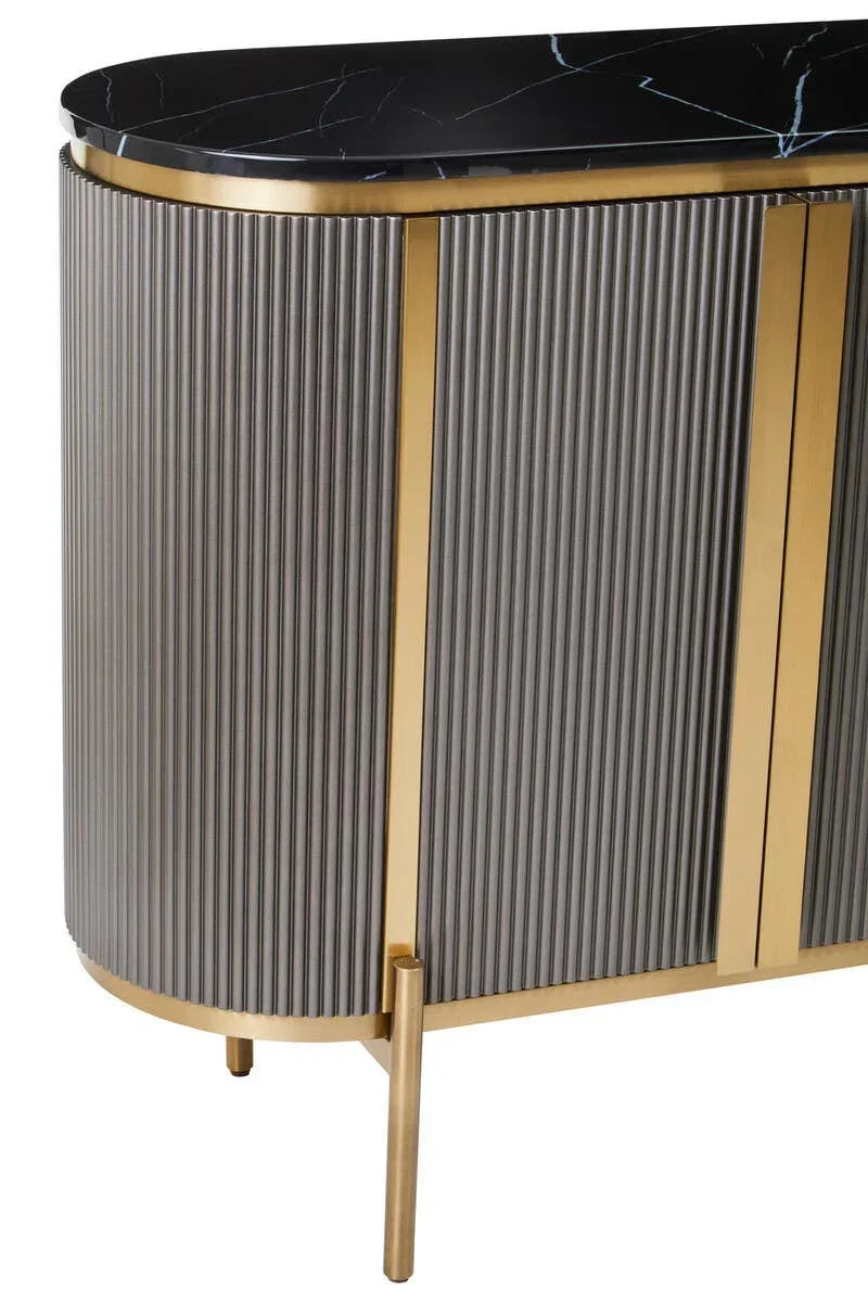 Modern sideboard with fluted grey doors, gold trim, and black marble top