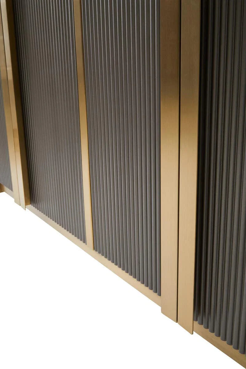 Luxury Grey Fluted Sideboard with Black Marble Top & Gold Legs