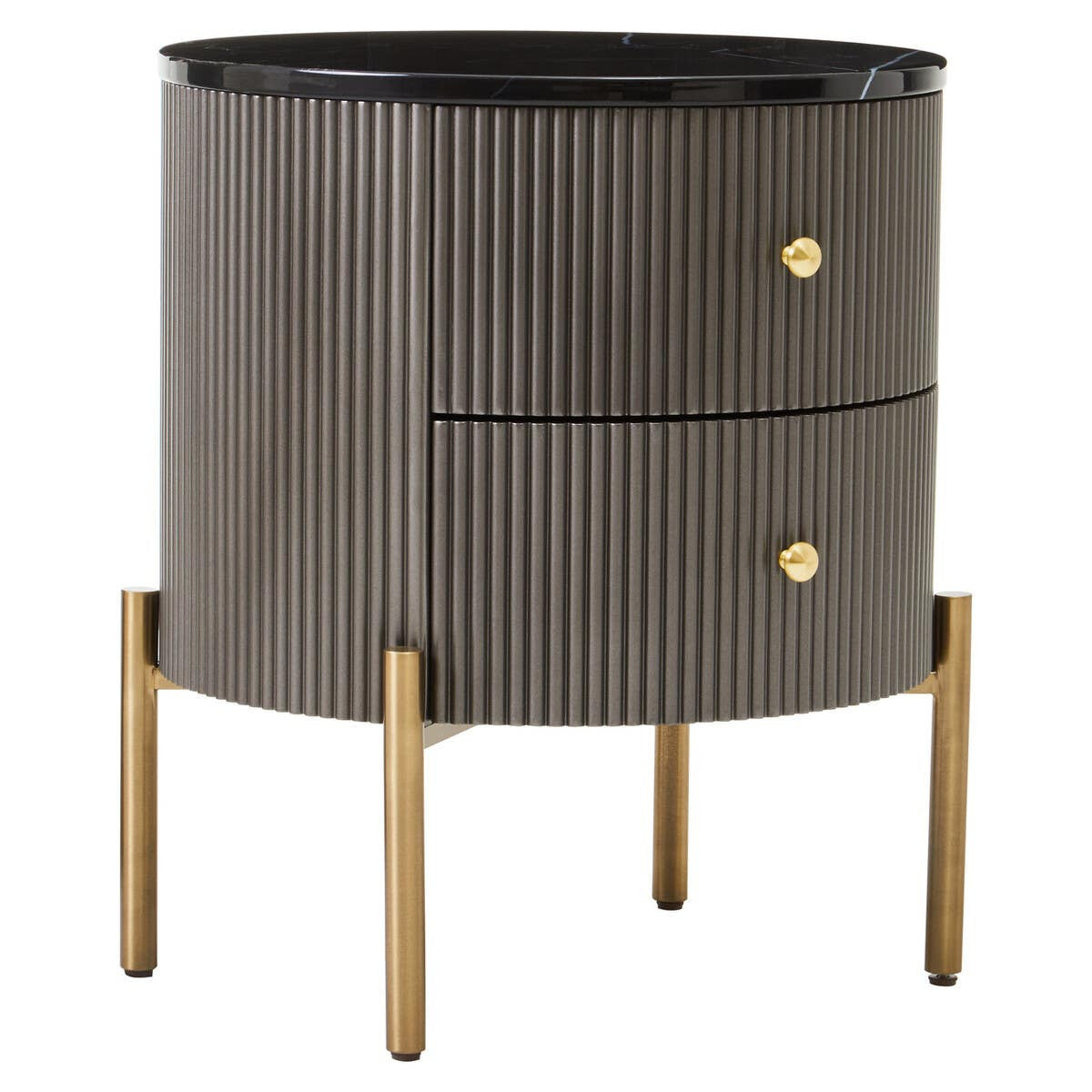 Grey two-drawer chest featuring a sleek black marble top, ribbed texture on the body, and gold-colored round drawer handles. The chest is supported by four slender wooden legs, adding a modern touch to the design