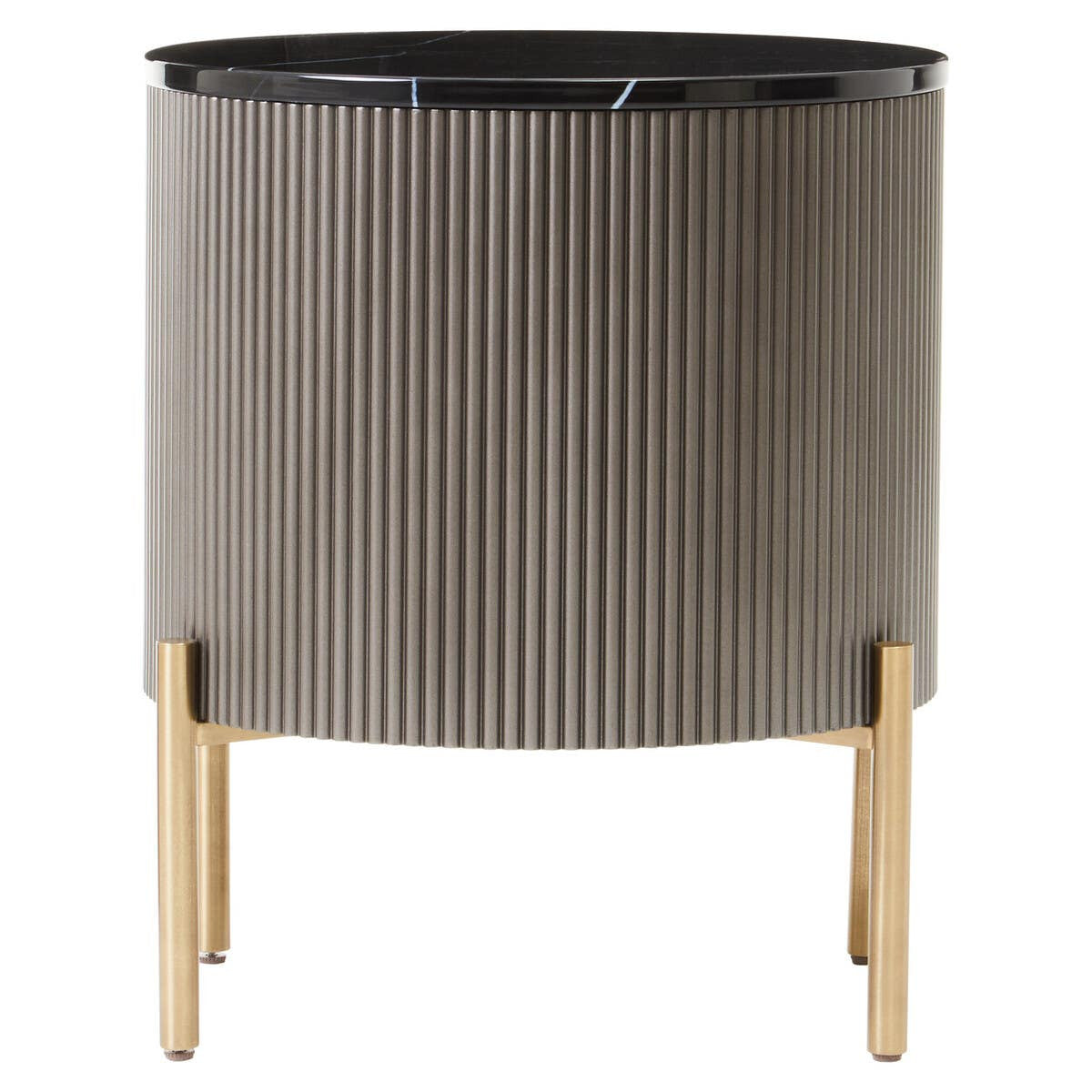 Two-drawer chest featuring a sleek grey body with vertical ribbed detailing, complemented by a black marble top. The chest stands on four slender gold legs, adding a touch of elegance to its modern design