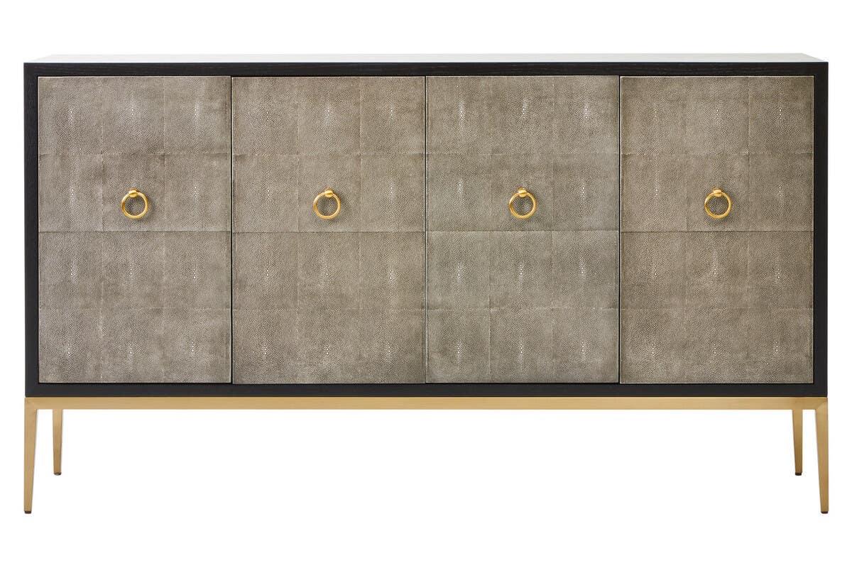 Luxury Grey Shagreen 4-Door Sideboard with Gold Accents