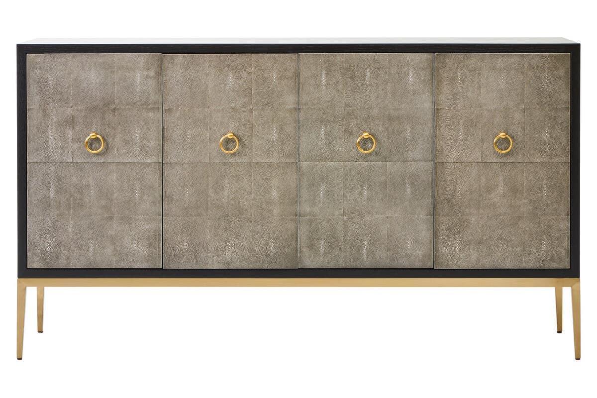 Modern sideboard cabinet with textured grey doors, gold ring handles, and gold metal legs