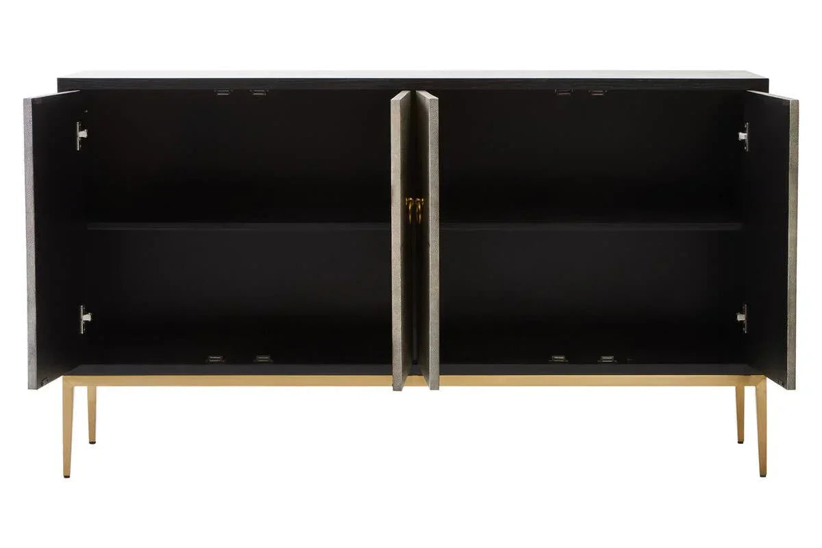 Black sideboard cabinet with gold legs, open doors, and internal shelf visible