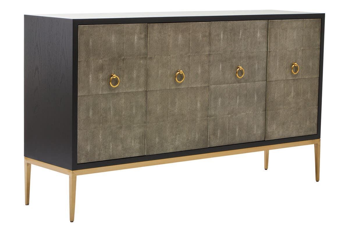 Modern sideboard cabinet with textured grey doors, gold handles, and slim gold legs