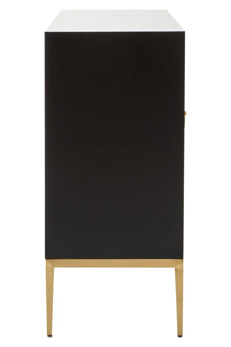 Side view of black cabinet with gold metal legs, modern furniture design