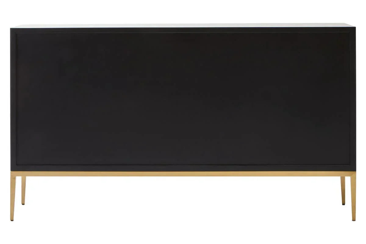 Black sideboard cabinet with gold metal legs, modern design, front view