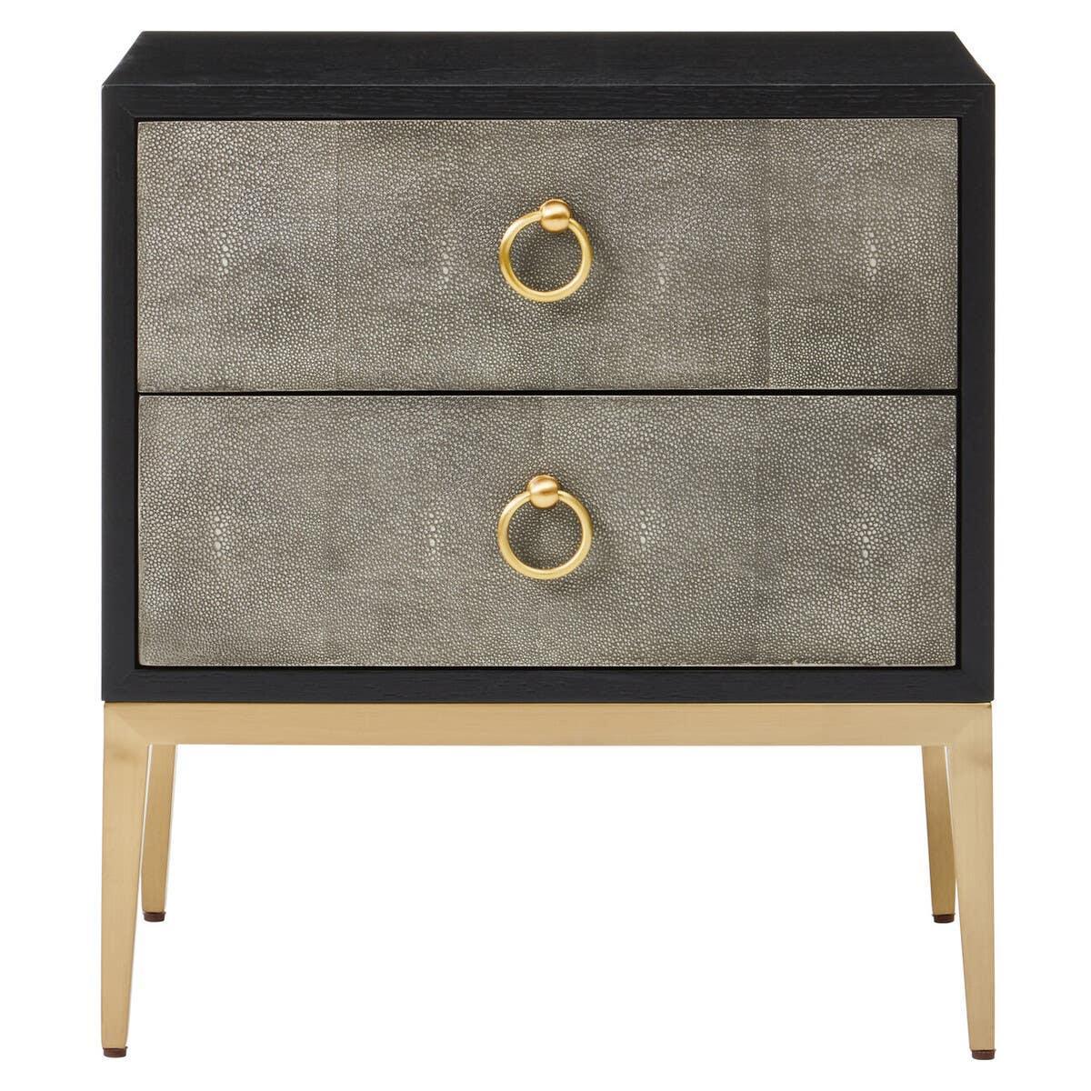 Two drawer bedside table with gold ring handles and brass legs, grey textured finish