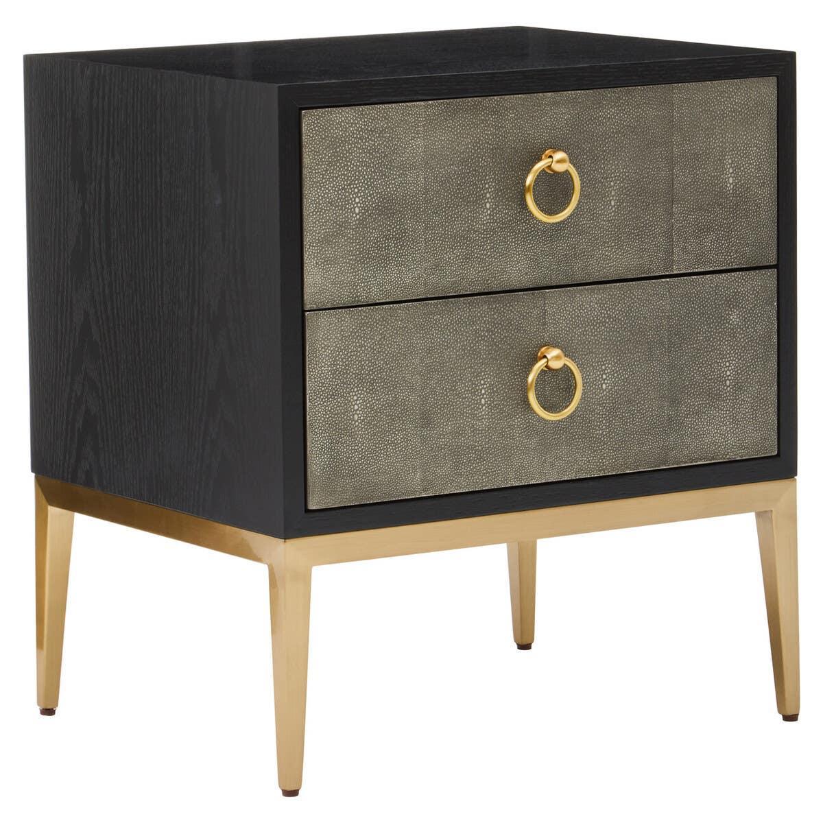 Modern bedside table with gold metal legs and two textured drawers with gold ring handles