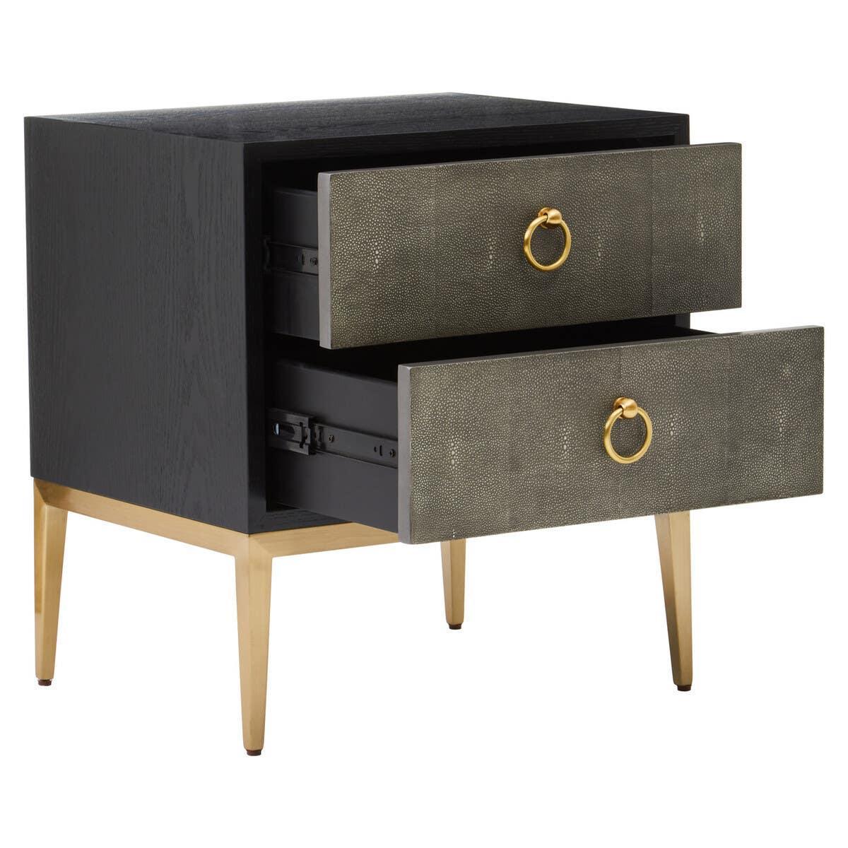 Black and gold bedside table with two open drawers and brass ring handles
