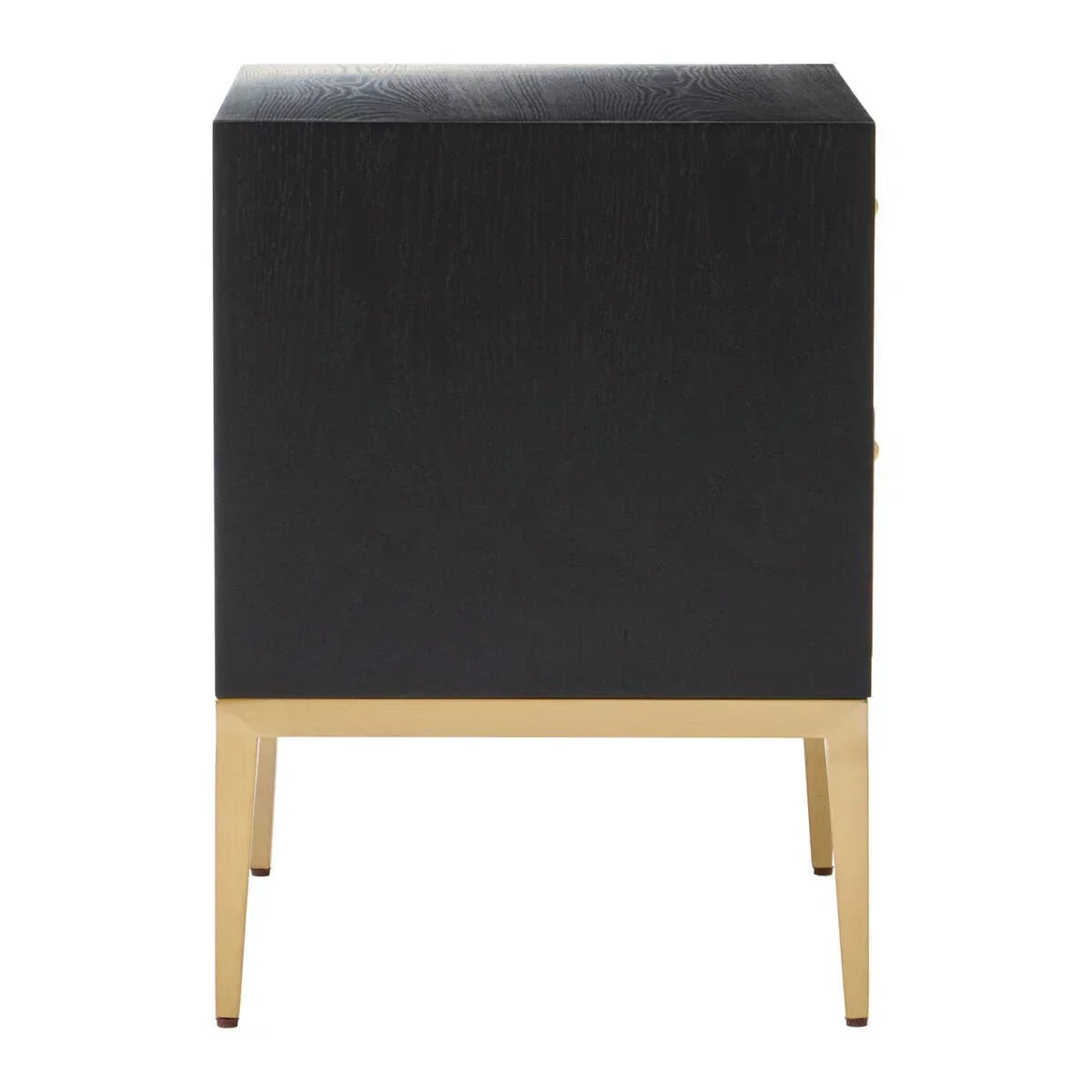 Side view of black wood side table with gold metal legs