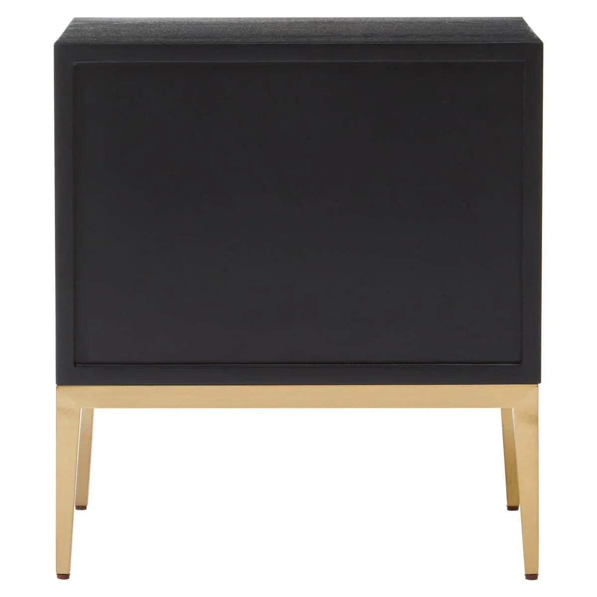 Black bedside table with gold metal legs, rear view