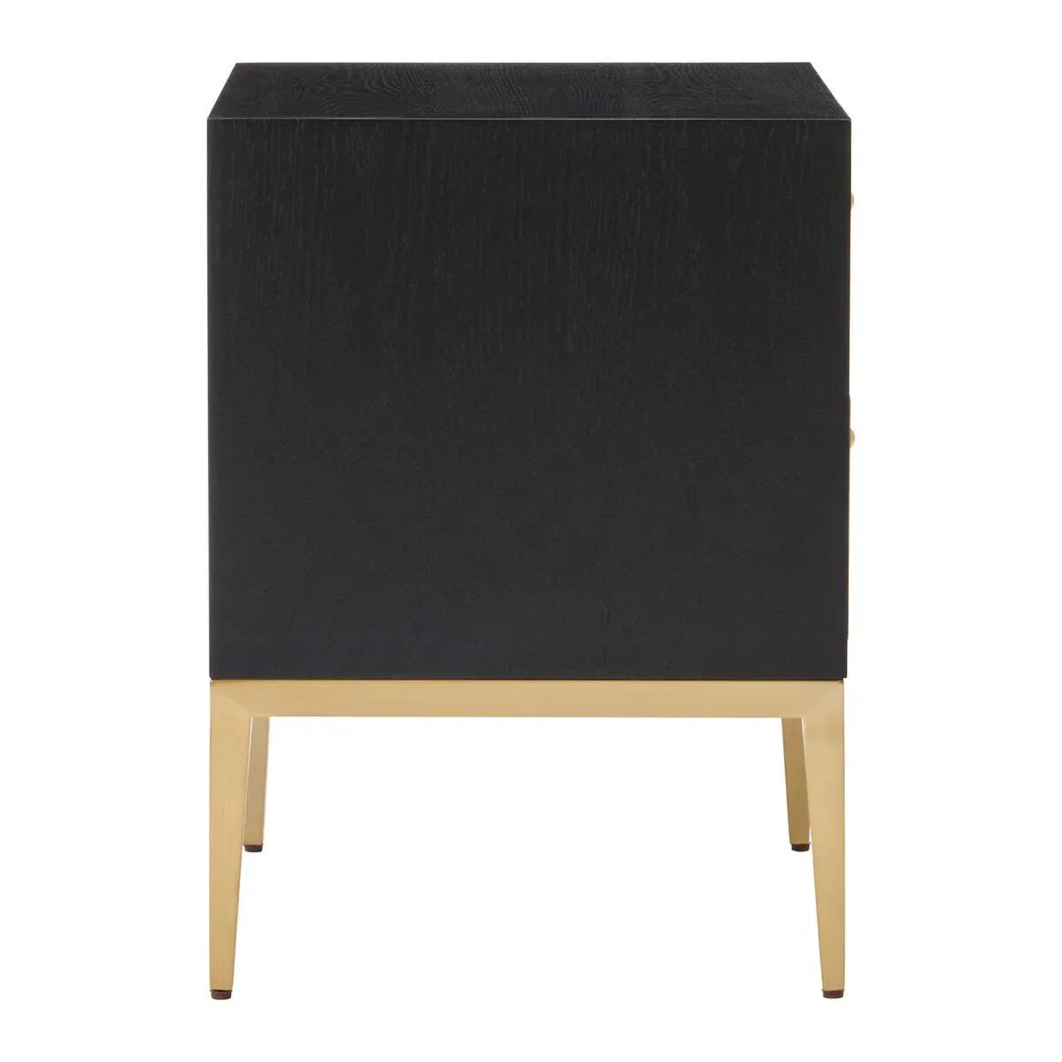 Black bedside table with gold metal legs, straight front view