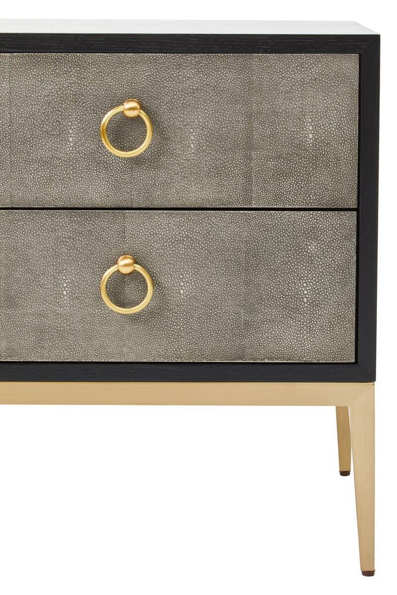 Two drawer bedside table with textured grey fronts and gold ring handles