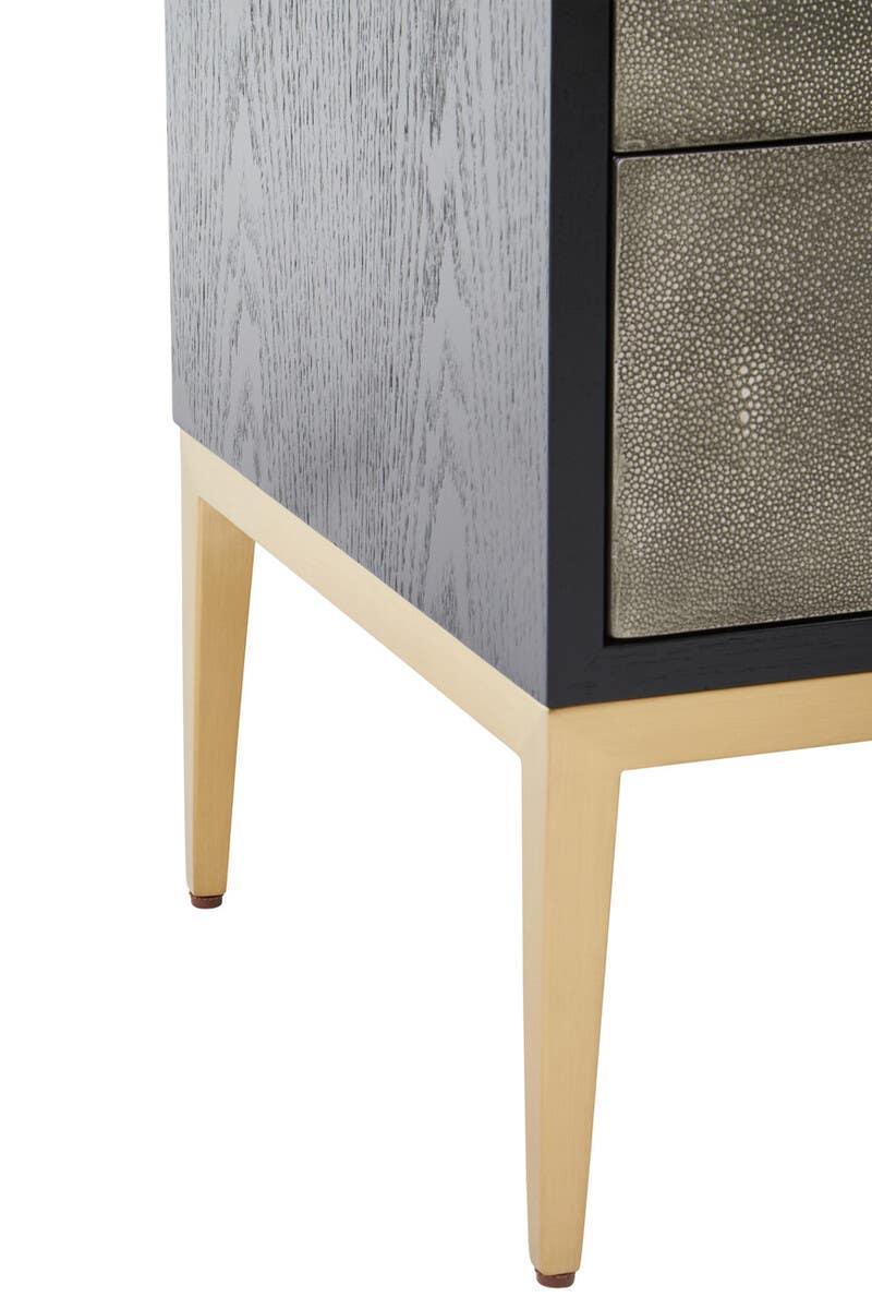 Textured bedside cabinet with gold legs and grey wood grain finish