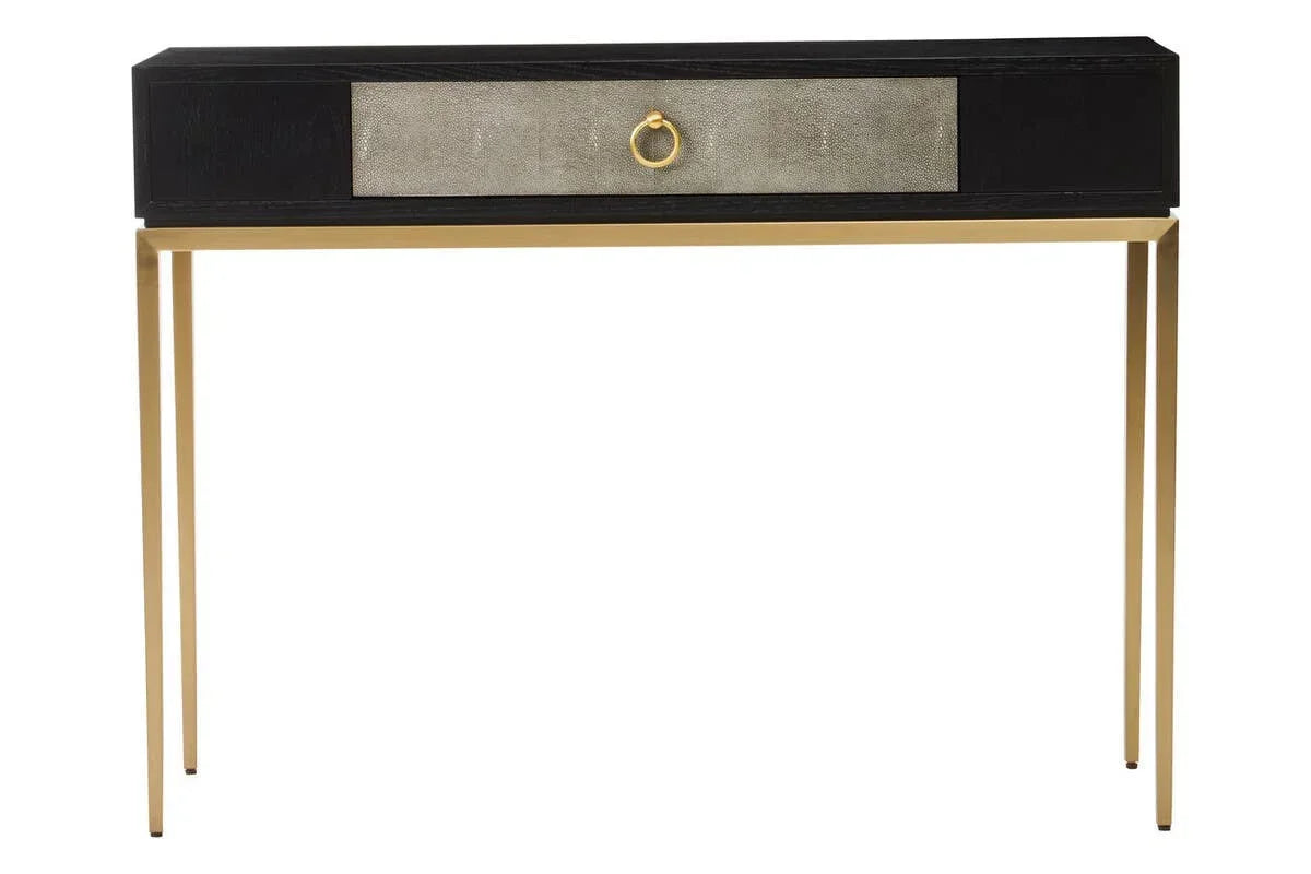 Black and gold console table with single drawer and brass ring handle