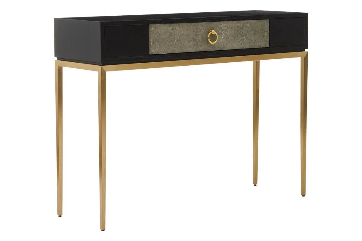 Modern console table with black top, gold legs and single drawer with brass ring handle