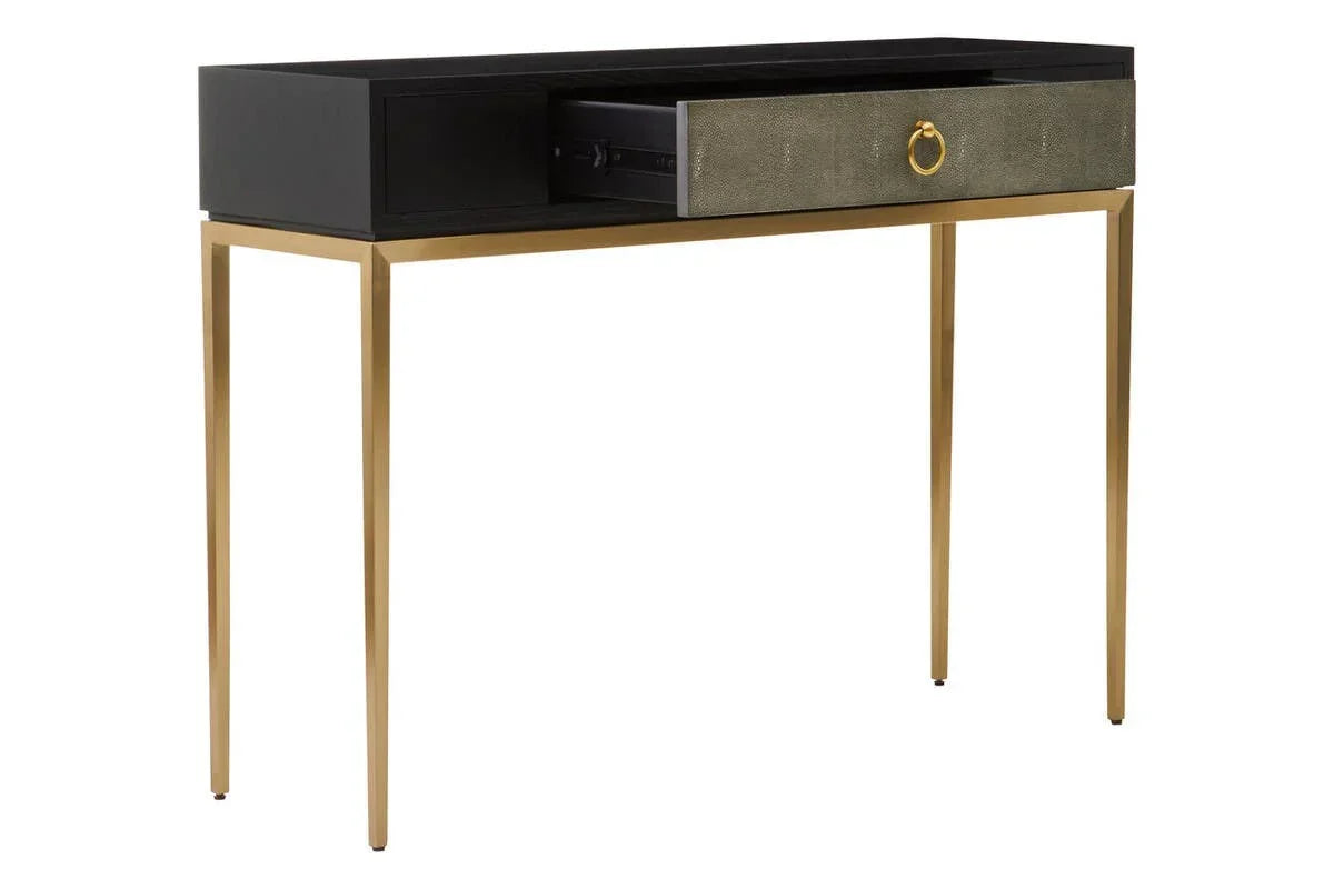 Black and gold console table with slim legs and one open drawer featuring a gold handle