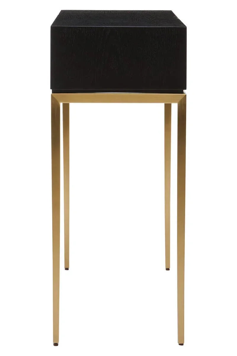 Black wood side table with gold metal legs, modern square design, front view