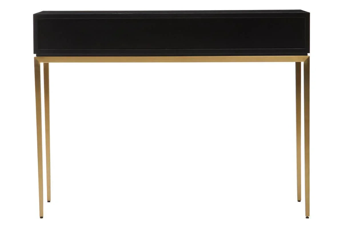 Black console table with gold metal legs, modern minimalist hallway furniture