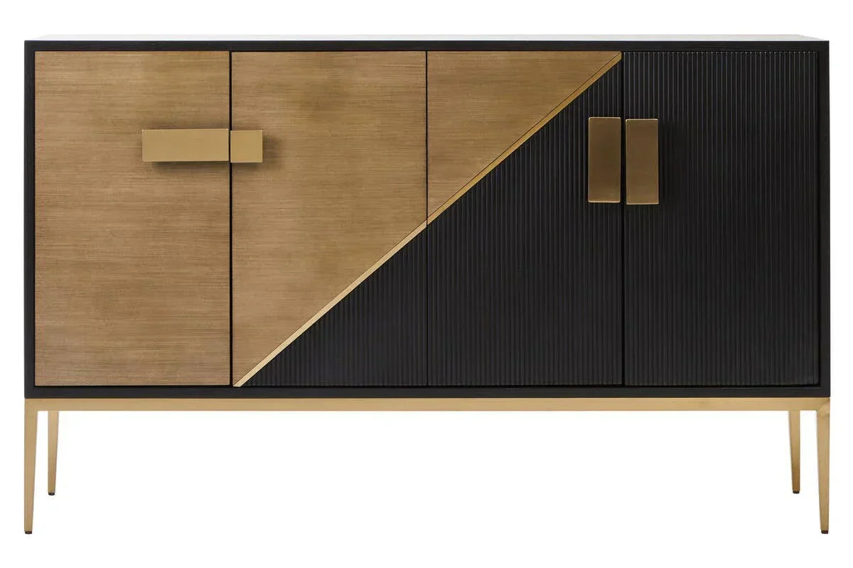 Modern sideboard with gold and black geometric doors, slim gold legs and rectangular handles