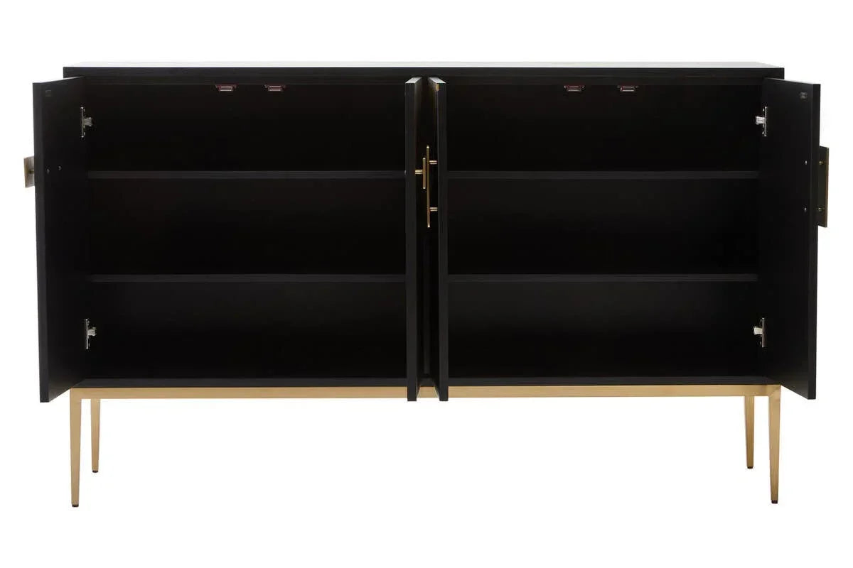 Black sideboard cabinet with gold legs and open doors showing interior shelves