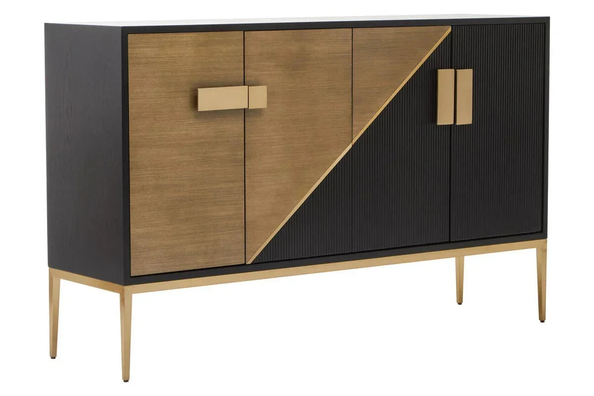 Modern sideboard with black and gold finish, angled geometric doors, and slim gold legs