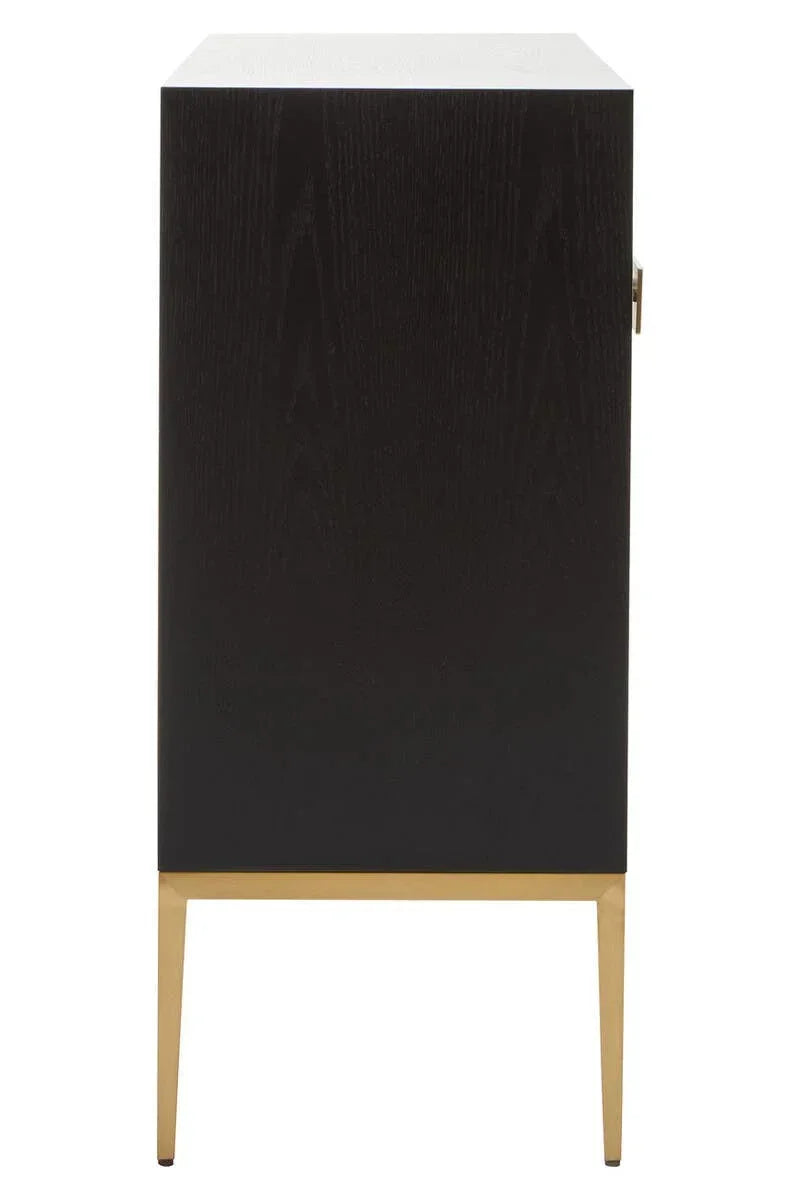 Side view of black wooden cabinet with gold metal legs