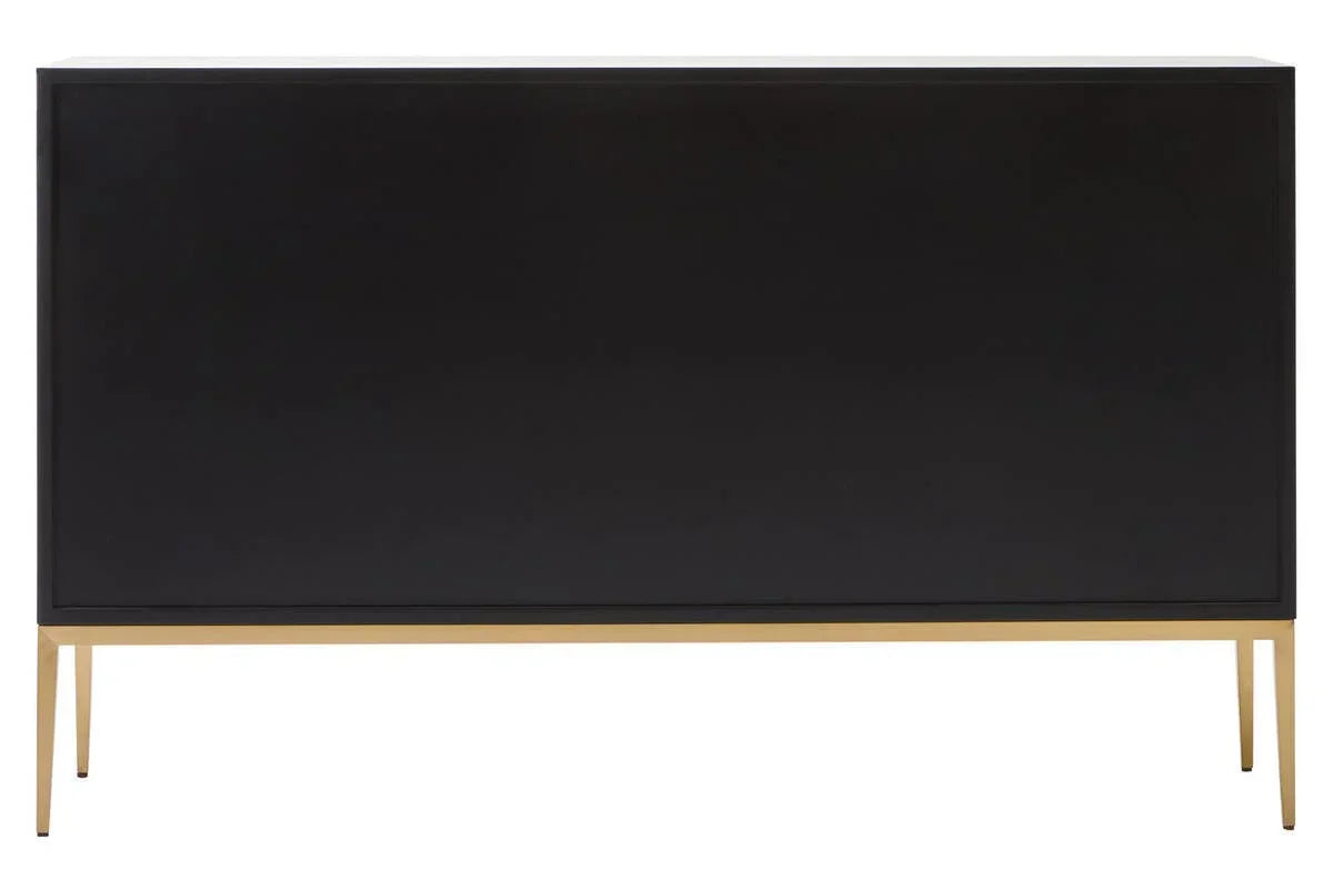 Black sideboard cabinet with gold metal legs, front angle view