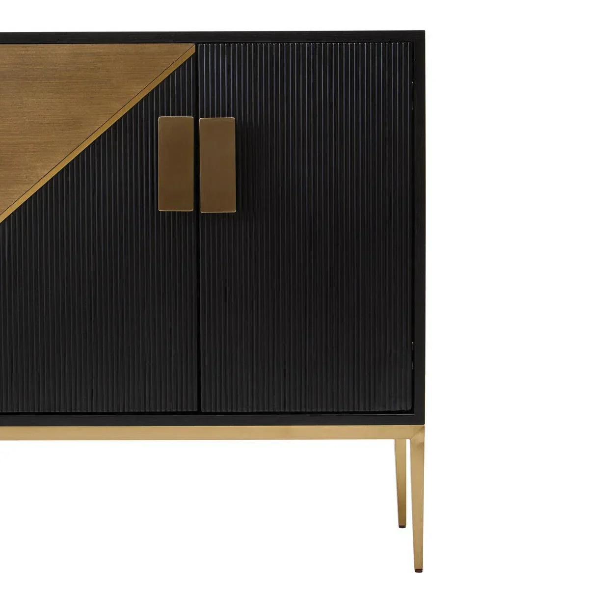 Black sideboard with gold handles, metallic base, and textured wood doors