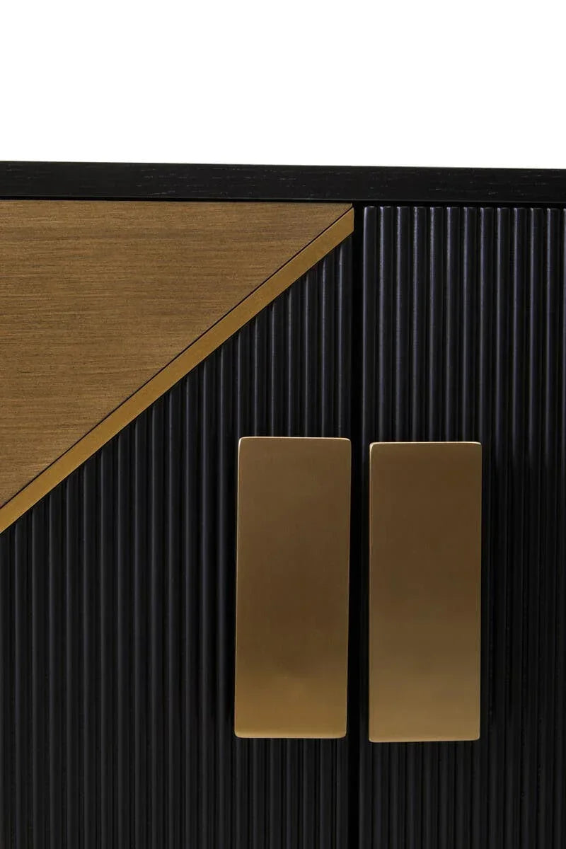 Black sideboard cabinet doors with gold handles and geometric wood accent
