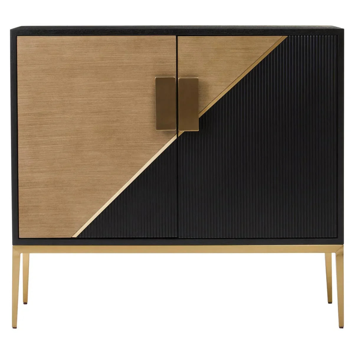 Modern sideboard with gold and black doors, brass handles, and slim gold legs