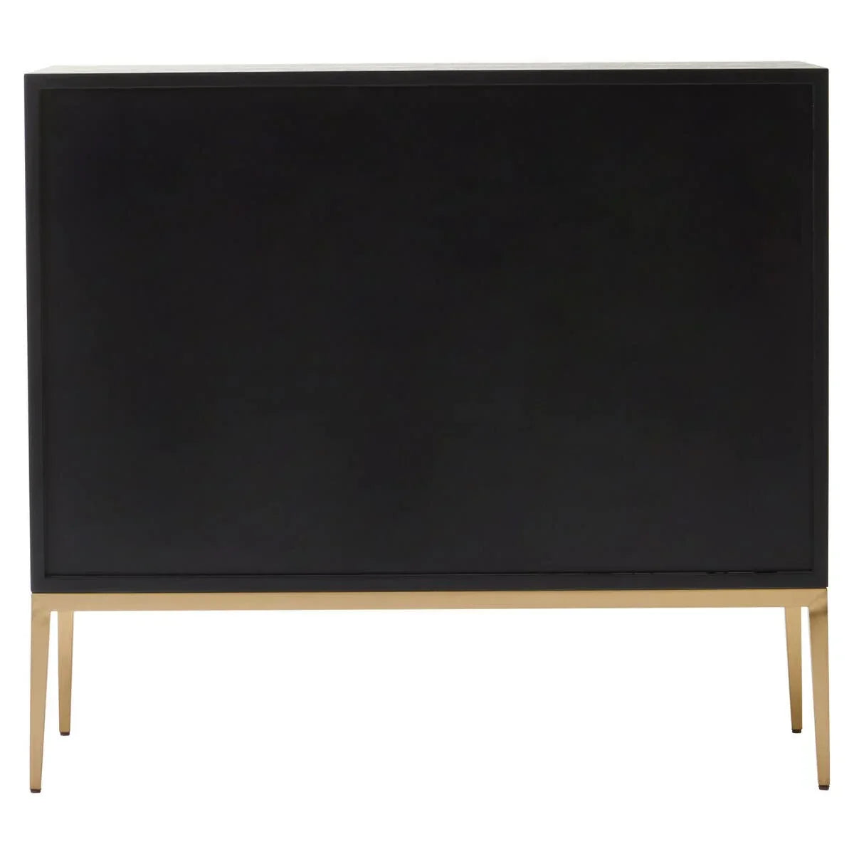 Black sideboard cabinet with gold metal legs, modern design front view