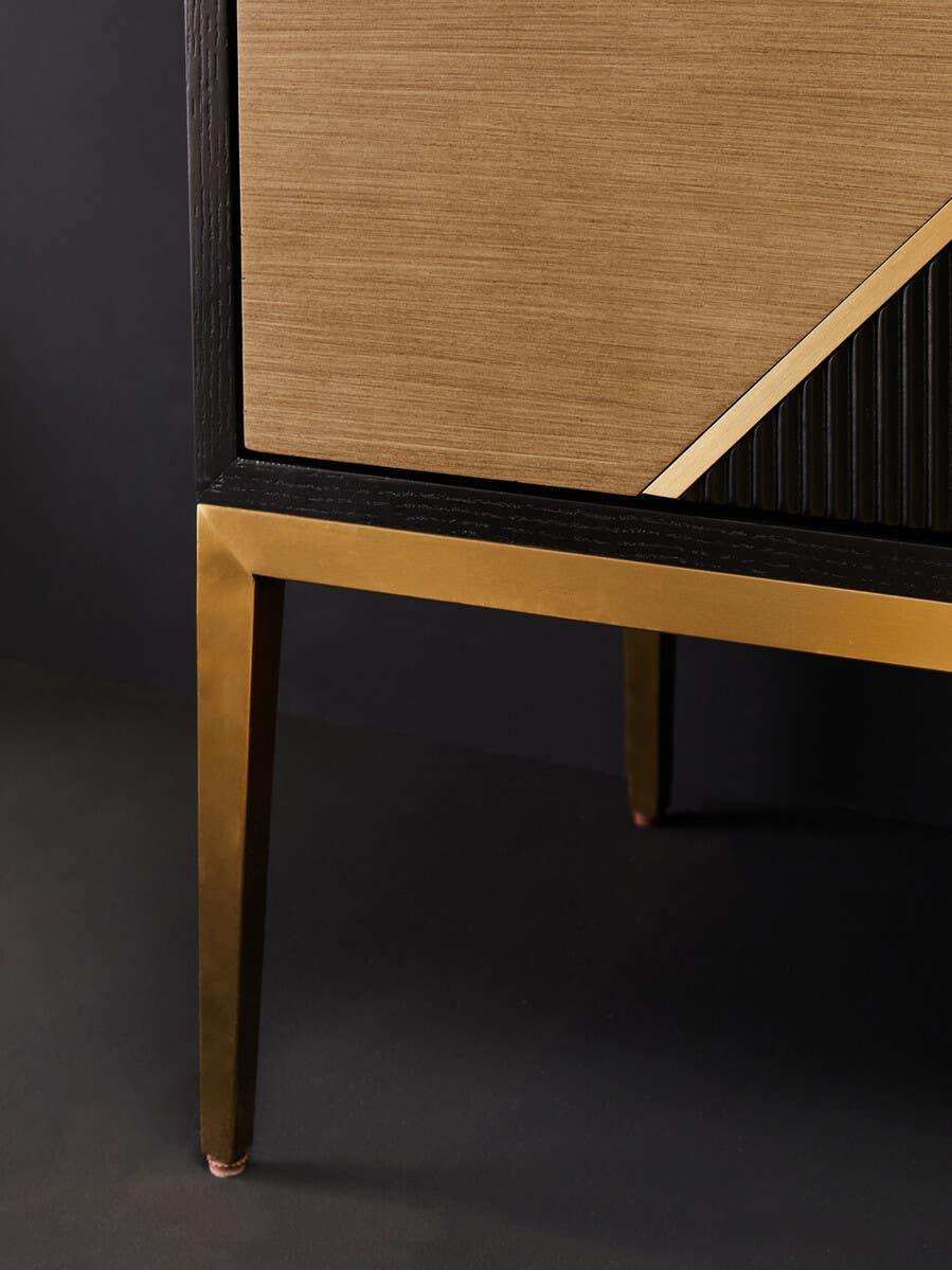 Modern sideboard with gold metal legs and wood finish front detail