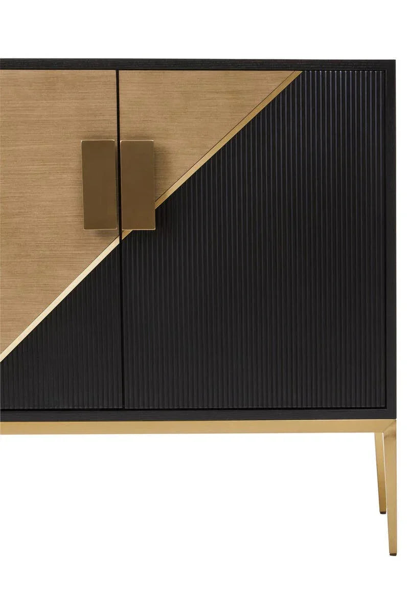 Modern sideboard with gold and black geometric doors and gold metal legs