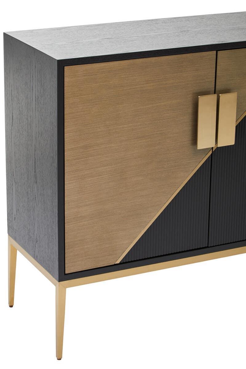 Modern sideboard cabinet with brass handles, gold legs, and geometric wood panel design