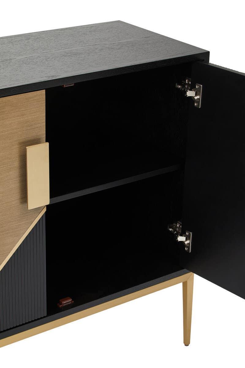 Modern sideboard cabinet with open black door, gold handle, and internal shelf visible