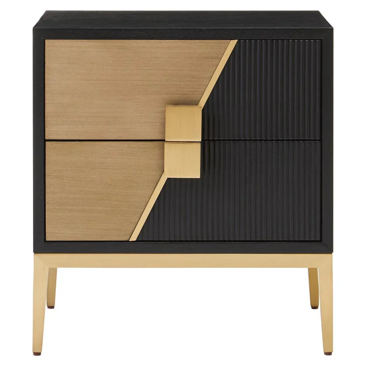 Modern bedside table with two-tone wood drawers, gold handles, and gold metal legs