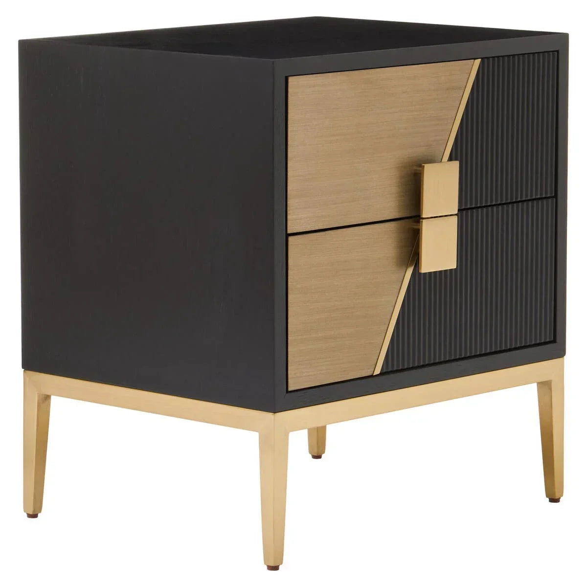 Black and gold bedside table with two drawer fronts, geometric design, and metal legs