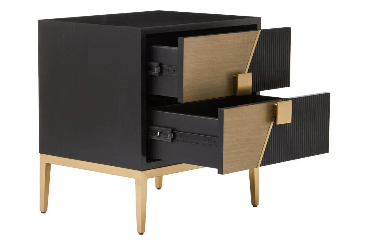 Black and gold bedside table with two open drawers and modern angled legs