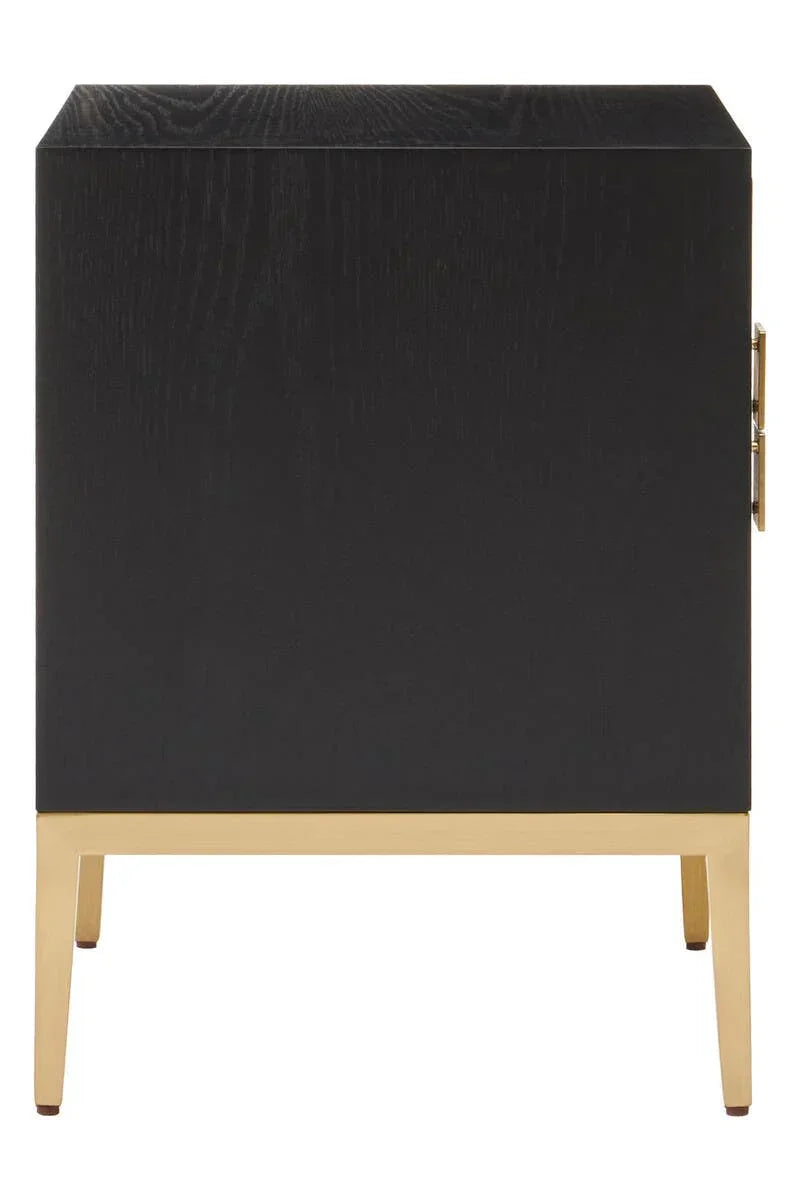 Black wood bedside table with gold metal legs and door hinge, front view