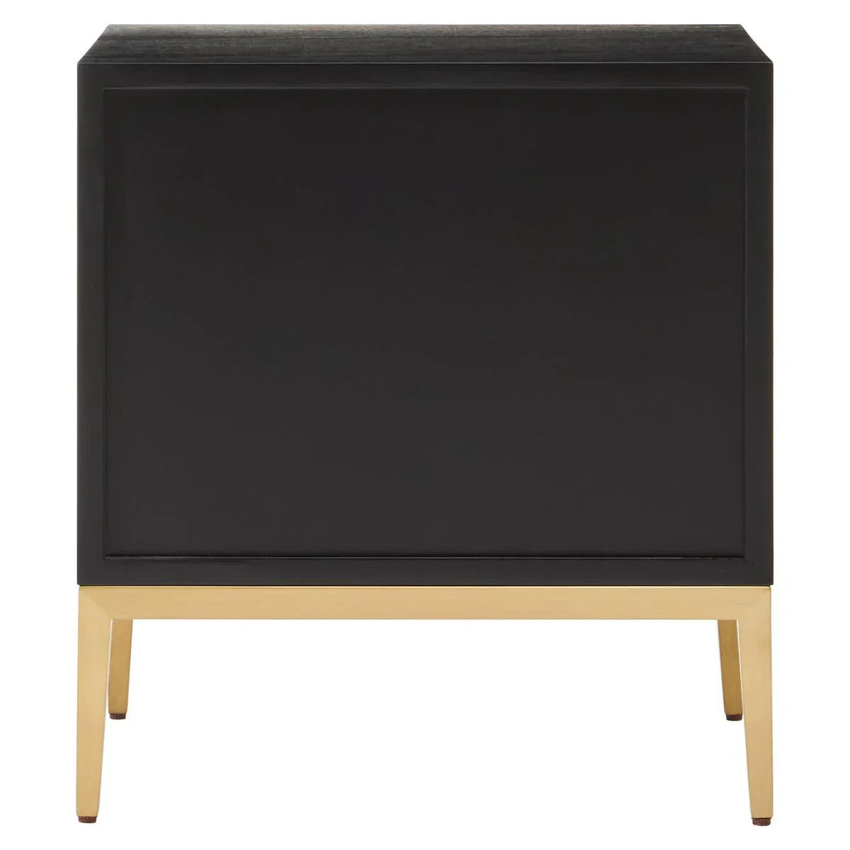 Modern black bedside table with gold metal legs, front view