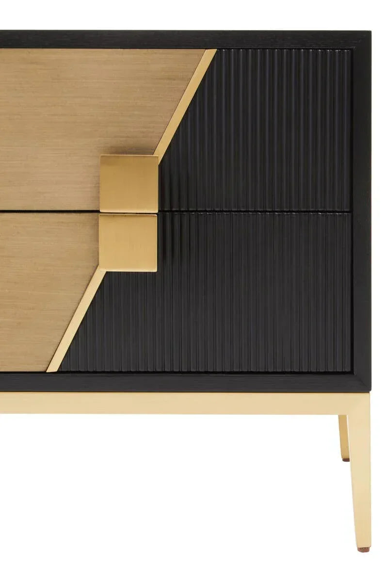 Modern sideboard with black ribbed panels, gold accents, and geometric handle detail