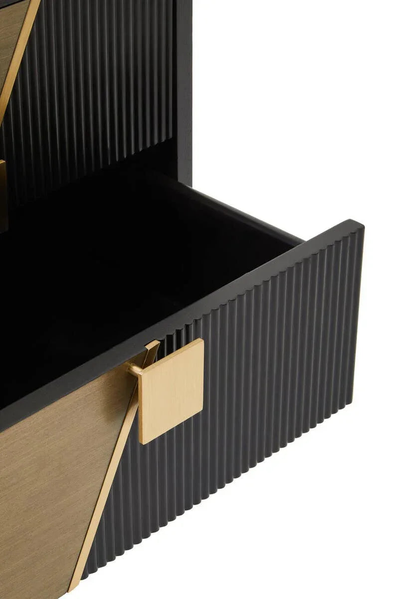 Black ribbed drawer unit with gold geometric handle detail, drawer partially open