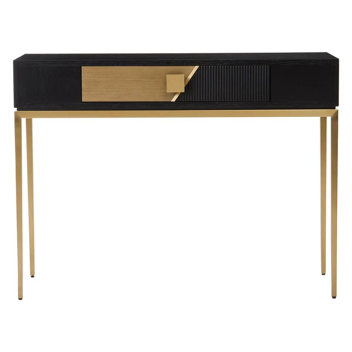 Black and gold console table with slim metal legs and single drawer, modern hallway furniture