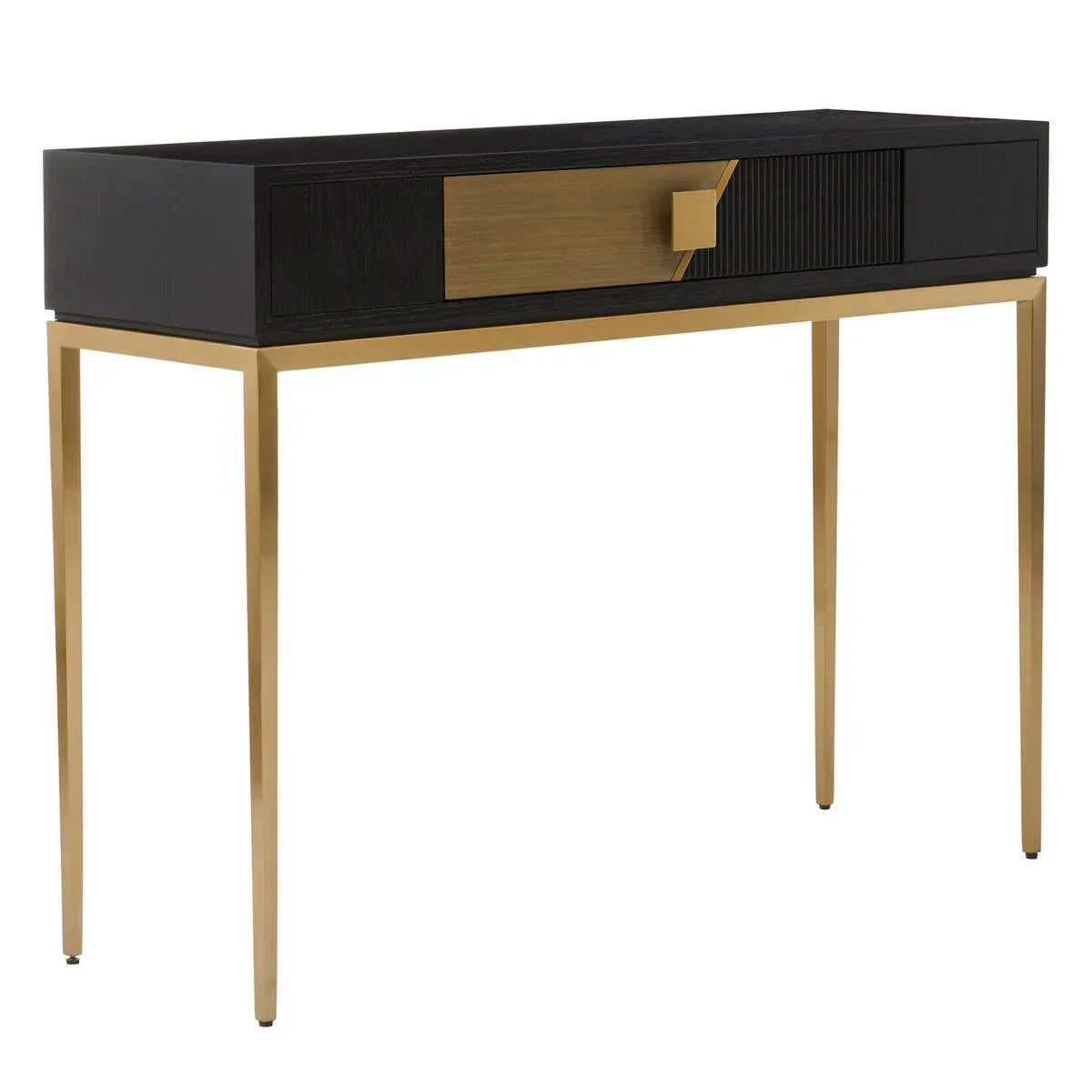 Black console table with gold metal legs and geometric gold drawer front