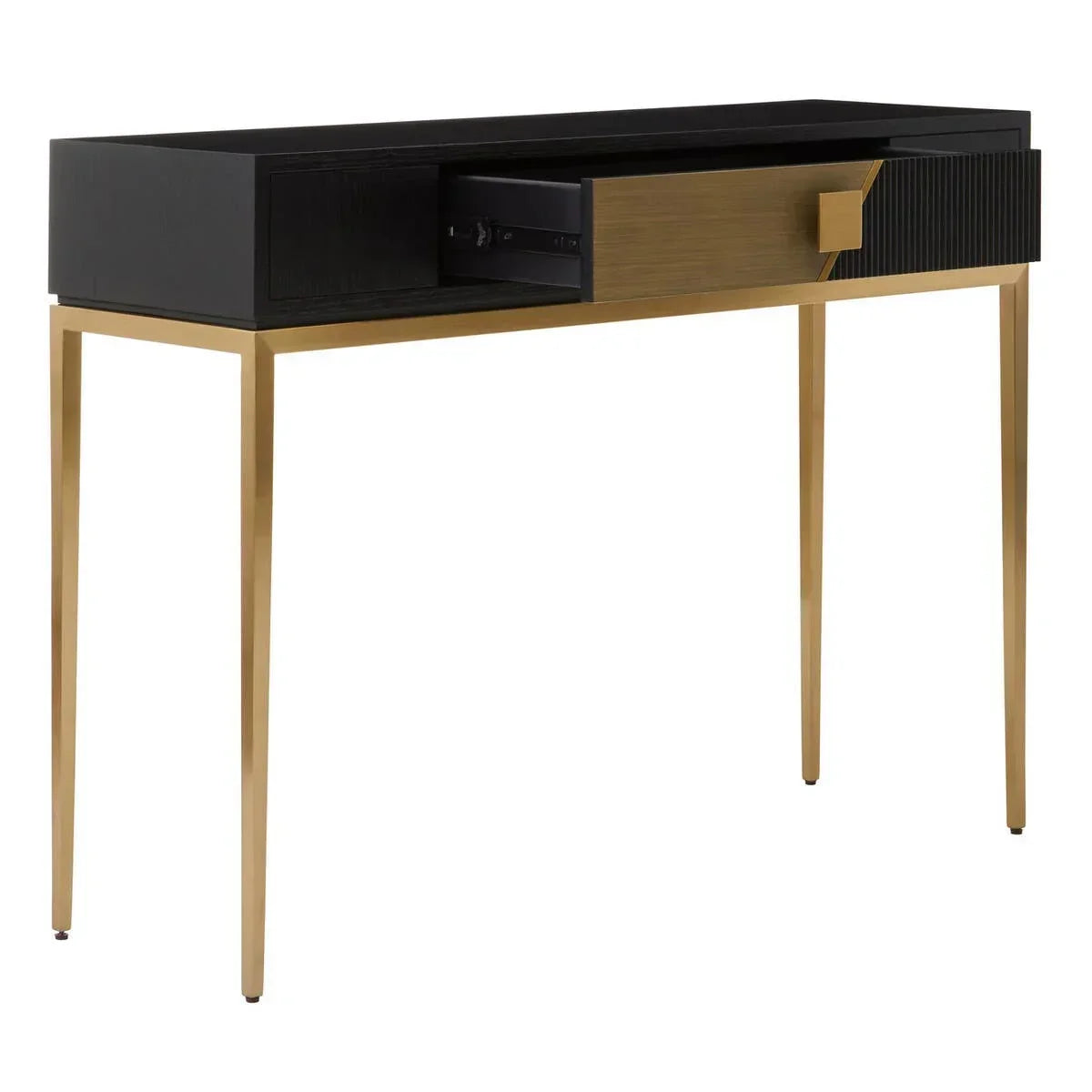 Black and gold console table with slim metal legs and a single open drawer