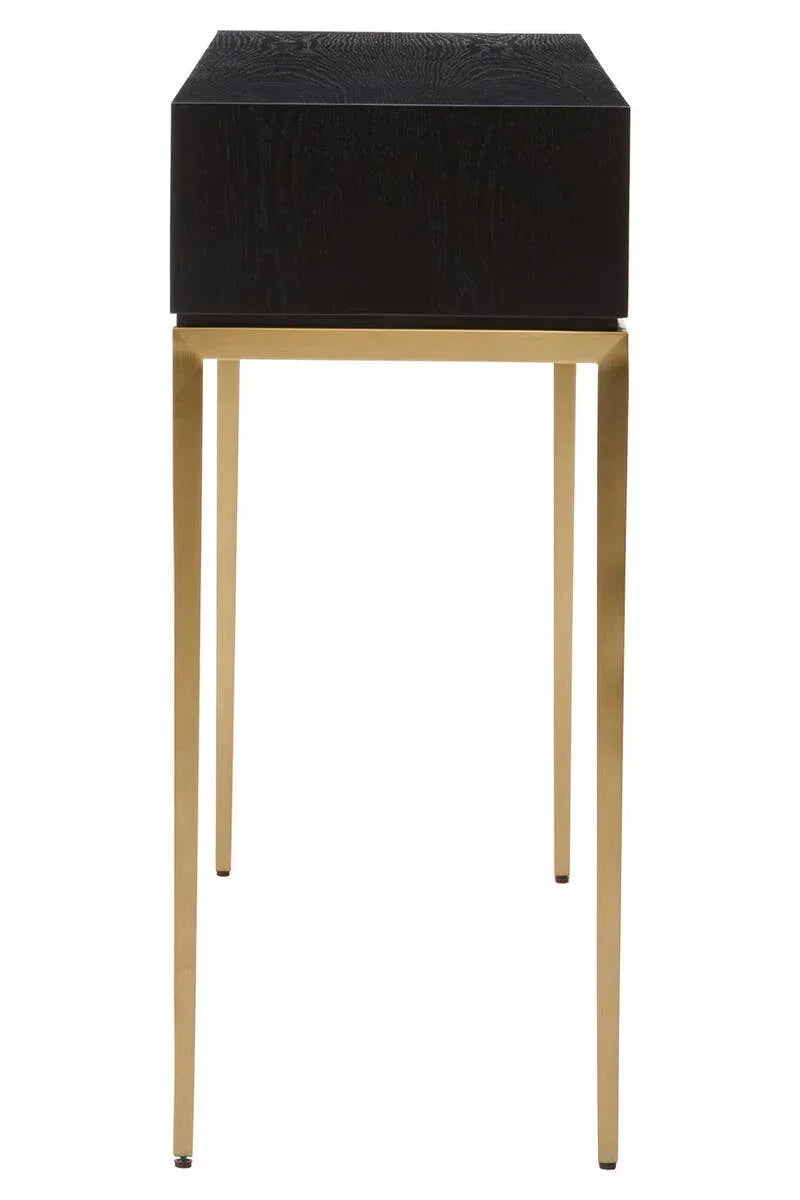Black side table with gold metal legs, modern square design, front view